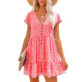 Spring and summer V-neck buttons small floral short sleeve loose casual dress women's clothing plus size casual dress