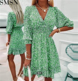 Mid-skirt pullover print short sleeve puff sleeve mid-waist floral dress plus size casual dress