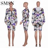 fashion shorts hooded printed zipper Two Piece Outfits 2 Piece Set Women Clothing