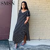 Fashionable side pocket striped printed style Plus Size Women Casual Dress For Women