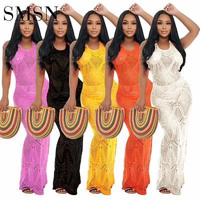 Summer beach dress knitted necktie see-through sexy plus size casual maxi dress