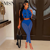 Amazon women new summer vest personality breasted + mesh commuting 2 piece set two piece set women clothing