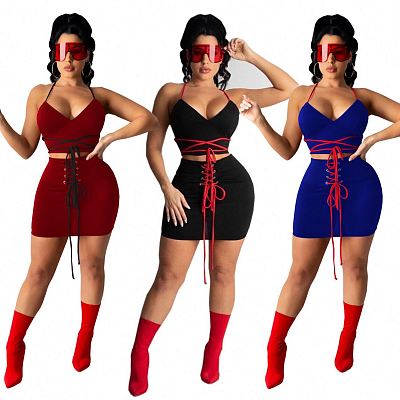 Newest Design new summer fashionable v-neck strap sexy two-piece dress 2piece skirt suit
