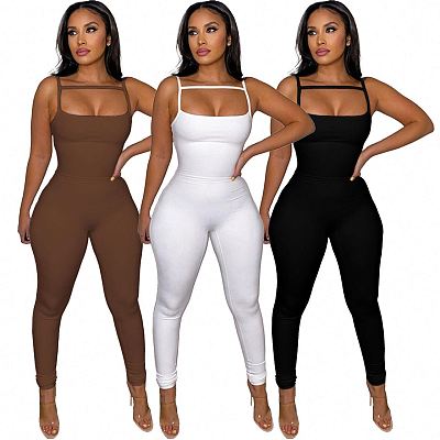 new 2022 summer solid color suspenders slim women one piece bodycon jumpsuits and rompers
