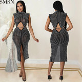 Fashion women dress sexy mesh see-through hot rhinestone hollow split dress women's clothing plus size casual dress
