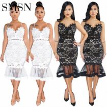 Amazon women sexy new lace fishtail skirt see-through dress Plus Size Fashion Women Casual Dress For Women