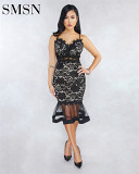 Amazon women sexy new lace fishtail skirt see-through dress Plus Size Fashion Women Casual Dress For Women
