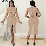 Fashion women dress sexy mesh see-through hot rhinestone hollow split dress women's clothing plus size casual dress