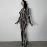 Plus Size Dress fashion new sexy nightclub hot rhinestone mesh see-through long sleeve dress