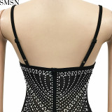 Plus Size Dress new hot rhinestone sexy spaghetti straps chest wrap mesh see-through maxi dress