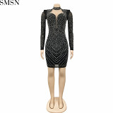 Plus Size Dress deep V nightclub party formal dress hot rhinestone mesh see-through women's clothing