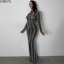 Plus Size Dress fashion new sexy nightclub hot rhinestone mesh see-through long sleeve dress