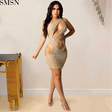 Sexy solid color women's clothing rhinestone mesh shoulder hollow dress plus size casual dress