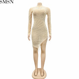 Fashion dress for women sexy nightclub mesh see-through hot rhinestone bubble bead tassel round-neck long-sleeved dress