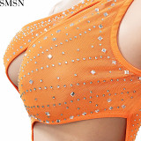 Sexy solid color women's clothing rhinestone mesh shoulder hollow dress plus size casual dress