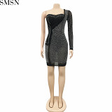 Casual Dress sexy solid color women's hot drilling mesh see-through one shoulder skirt dress