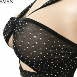 Plus Size Dress new fashion style nightclub mesh hot drilling sexy hollow-out camisole split maxi dress