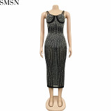 Fashion women's wear Party nightclub mesh see-through rhinestone Diamond strap dress plus size casual dress