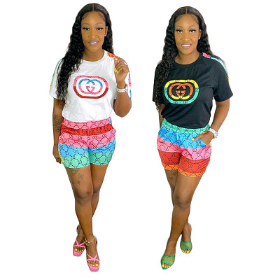new arrival fashion women's printed short sleeve shorts two-piece set