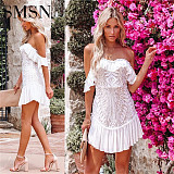 casual dress Summer new fund lace sexy temperament one word shoulder lace flounces dress