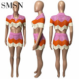 Outfits Summer 2022 2 Piece Set Women fashion Polo Shirt and knit multi-color slim-fit two piece skirt set women