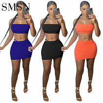 2 Piece Set Women Pure color drawstring sleeveless rib waist strap casual two piece set