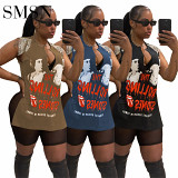 Summer fashion street hip hop print rhinestone sleeveless T-shirt top