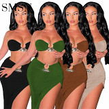Outfits 2 Piece Set Women Amazon new 2022 summer solid color bra top slit skirts two piece set
