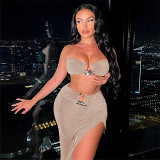 Outfits 2 Piece Set Women Amazon new 2022 summer solid color bra top slit skirts two piece set