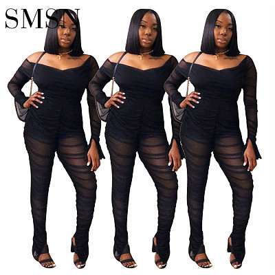 Bodycon Jumpsuit Amazon Sexy Women's 2022 new fall mesh pleated jumpsuit