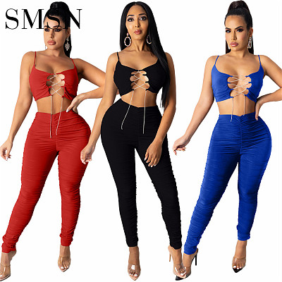 two piece outfits Amazon club style solid color pleated hollow two-piece set for summer 2021
