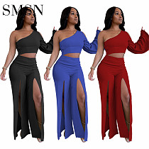 two piece outfits 2022 Plain casual one-shoulder zipper slit Two Piece Set Women Clothing
