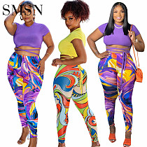 2 Piece Set Women Printed suit with tight strap sports leisure two pieces set