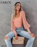 2022 New square collar Polka dot mesh thread stitching bottom jacket