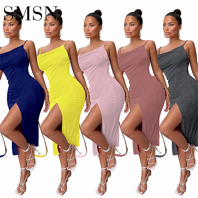 fashion women dress Summer new Amazon solid color sexy halter slit women casual dress