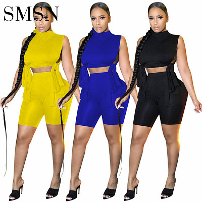 Outfits 2 Piece Set Women Amazon solid color drawstring sleeveless summer sportswear Two Piece Set Women Clothing