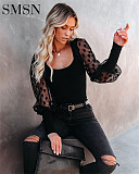 2022 New square collar Polka dot mesh thread stitching bottom jacket
