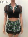 Women's plaid printed mesh stitching Clashing lace lace top A-line skirt suit