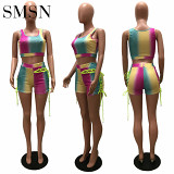 Digital positioning printed corns rope strap vest sexy shorts two piece set