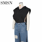 Sexy women's hooded side slit lace-up summer vest vest