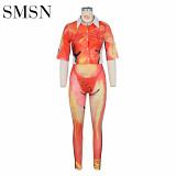 Summer 2022 Women's sexy women's middle sleeve printed shirt two-piece set