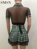 Women's plaid printed mesh stitching Clashing lace lace top A-line skirt suit