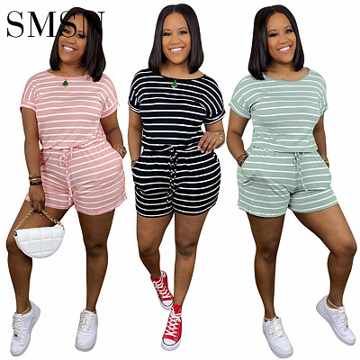 new 2022 summer casual striped zipper belted women one piece shorts jumpsuit