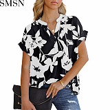 Summer 2022 New Amazon Women's Loose Printed Short Sleeve V-Neck Buttoned Chiffon Shirts