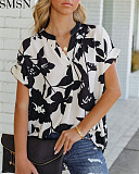 Summer 2022 New Amazon Women's Loose Printed Short Sleeve V-Neck Buttoned Chiffon Shirts