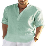 2022 Men's large linen long sleeve T-shirt loose undershirt plain color long sleeve cotton and linen shirt men