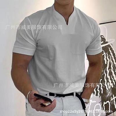 2022 Fitness Large size sports T-shirt men's fashion pocket V collar short sleeve summer