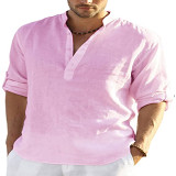 2022 Men's large linen long sleeve T-shirt loose undershirt plain color long sleeve cotton and linen shirt men