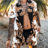 Summer beach style loose shirt Hawaiian casual suit men print two piece set