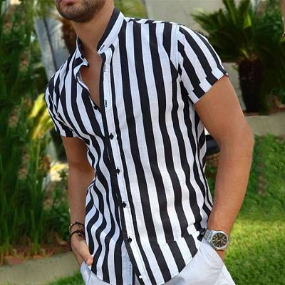 New men's casual short sleeve shirt Amazon stand collar stripe shirt